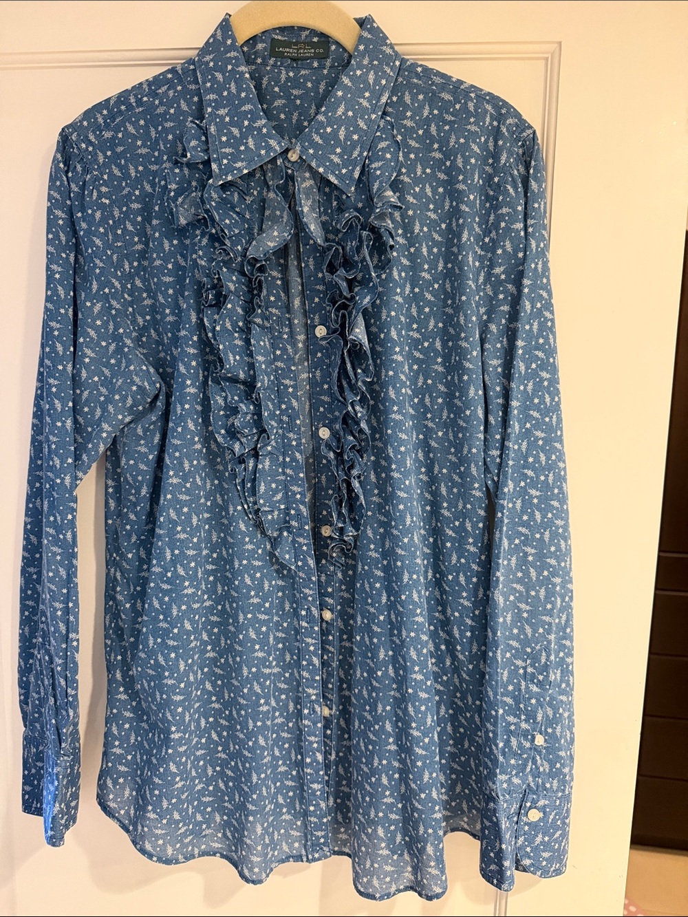 Ralph Lauren Blue Floral Ruffle Button-Down Blouse